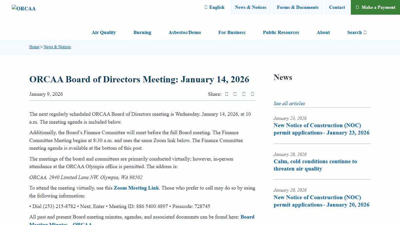 ORCAA Board of Directors Meeting: January 14, 2026 - ORCAA