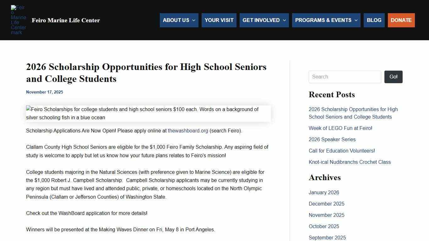 2026 Scholarship Opportunities for High School Seniors and College Students Feiro Marine Life Center