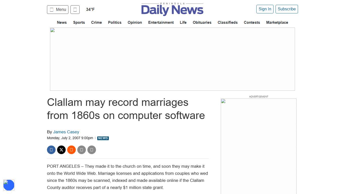 Clallam may record marriages from 1860s on computer software Peninsula Daily News